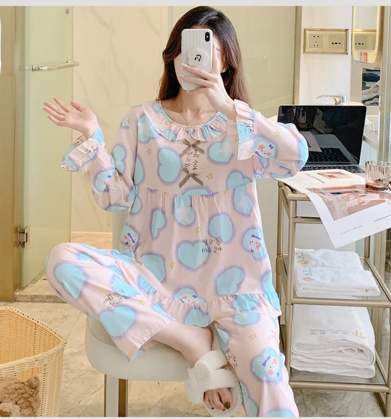 Student Long Cotton Silk Suit Crew-Neck Nine-Point Thin Breathable Comfortable Pajamas 100% Viscose Sweet Air Condition Clothes