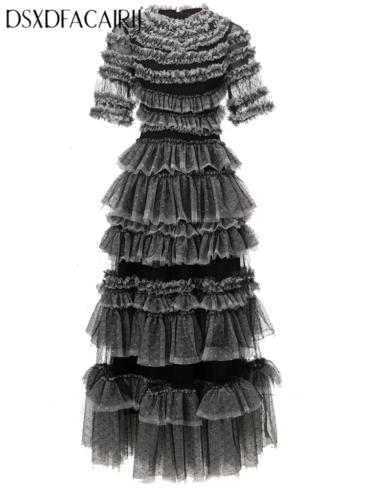 DSXDFACAIRIJ Women's Vintage Mesh Long Dress O-Neck Short Sleeve Layered Ruffles Dot Pattern Summer Party Fashion Female
