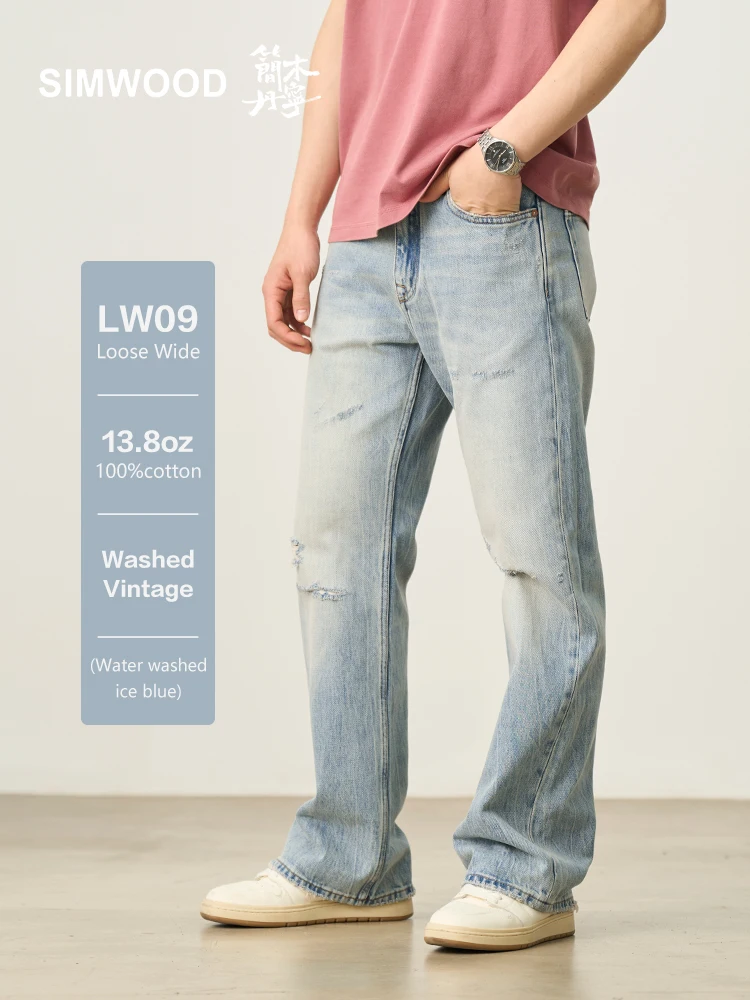 

SIMWOOD High Standard 2025 Loose Wide Leg 13.8oz Washed Vintage Jeans Fashion Hole Denim Plus Size Trousers