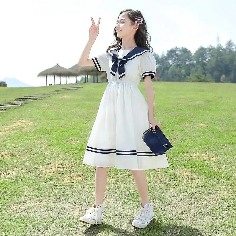 2024 Summer New retro Girls long Dress Sailor Collar Teens Casual striped JK Dress Patchwork puff sleeve Clothes 4 9 10 12 year