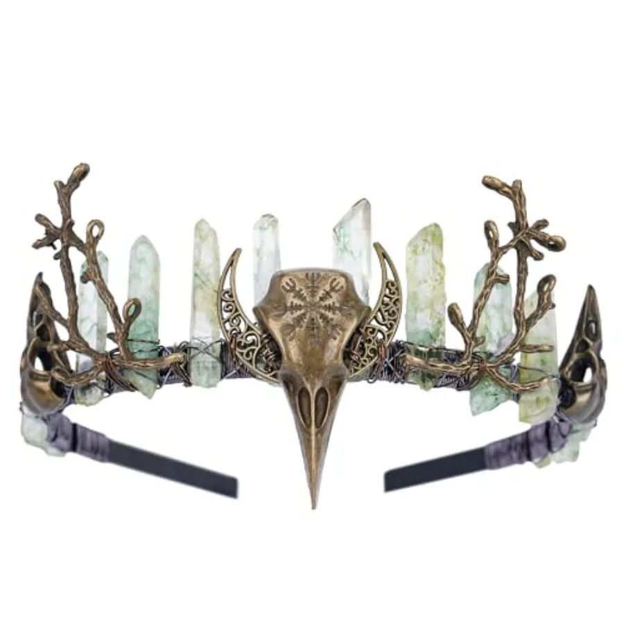 

Green Fairy Crystal Crown - Handmade Raw Quartz Tiara with Crow Branch Moon Elf Headpiece Fantasy Forest Witch Crown Wedding Re