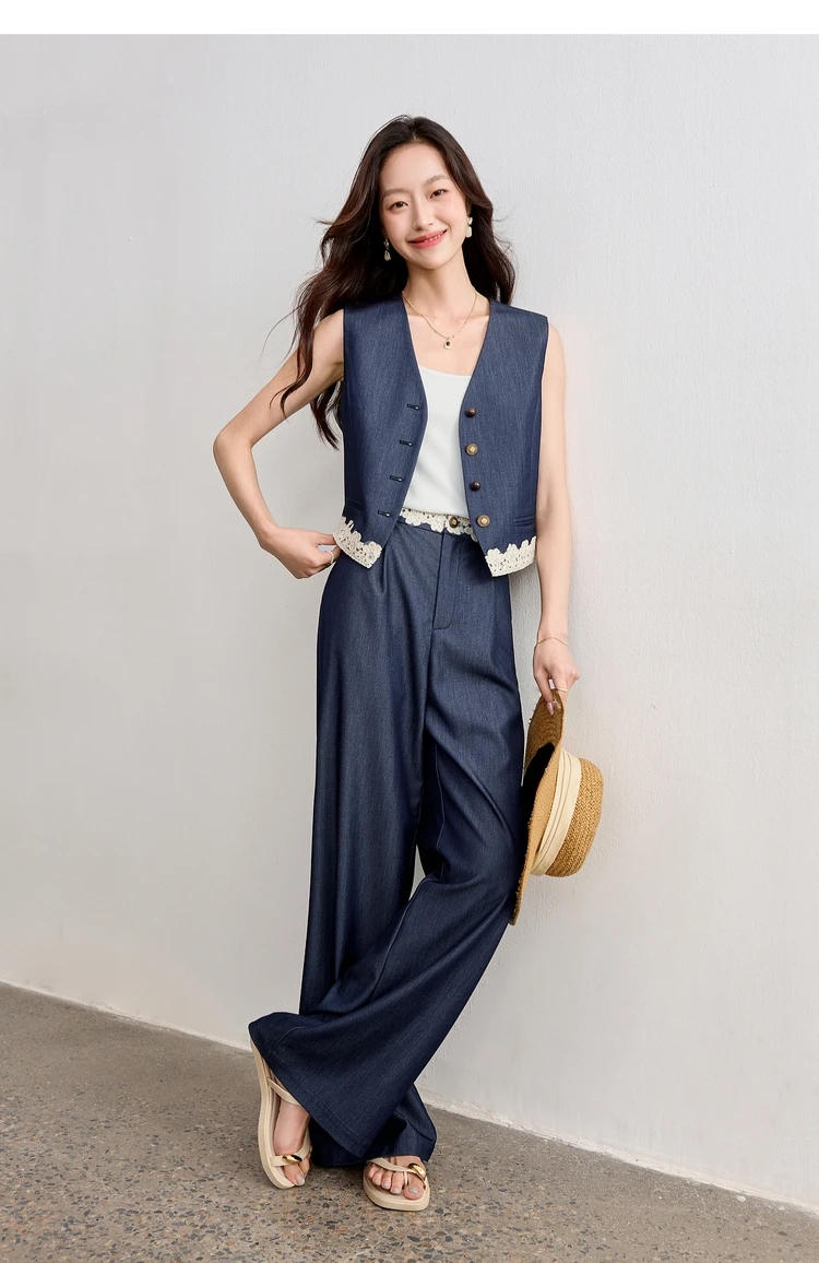

SENTUBILA Summer Women's Suit Two-Piece 2025 Lace V Neck Vest High Waist Wide Leg Pants New Matching Sets Woman Outfit 152ZD1840