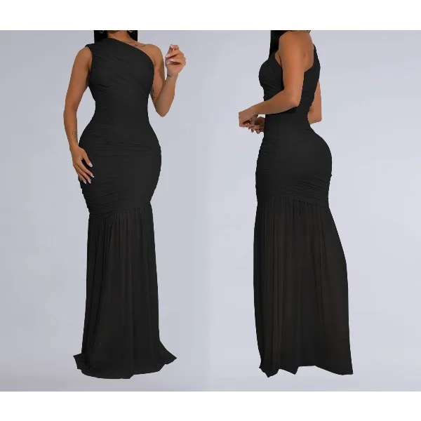 ชุดBodyconผู้หญิงหนึ่งไหล่SkewคอสูงแยกจีบHem Maxiชุดฤดูใบไม้ร่วง 2025 ชุดราตรีเซ็กซี่Club Party Vestidoกระโปรง