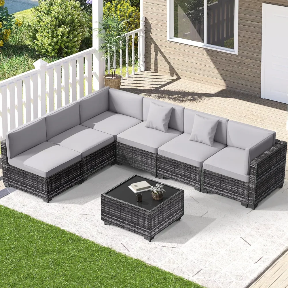 

7 Piece Outdoor Patio Furniture Set, Outdoor Sectional Furniture, Rattan Chairs Glass Table Wicker Conversation Seating Sectiona