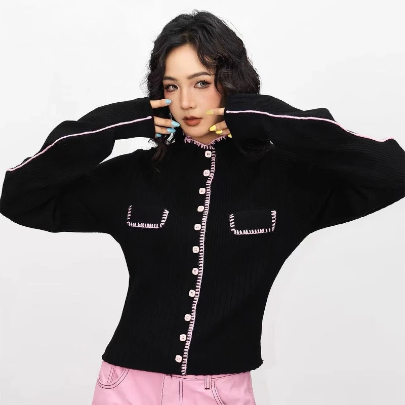 2025 Autumn New Color-Block High-Neck Women's Sweaters Top American Retro Design Warm Slimming Knitted Cardigan Coats Ladies