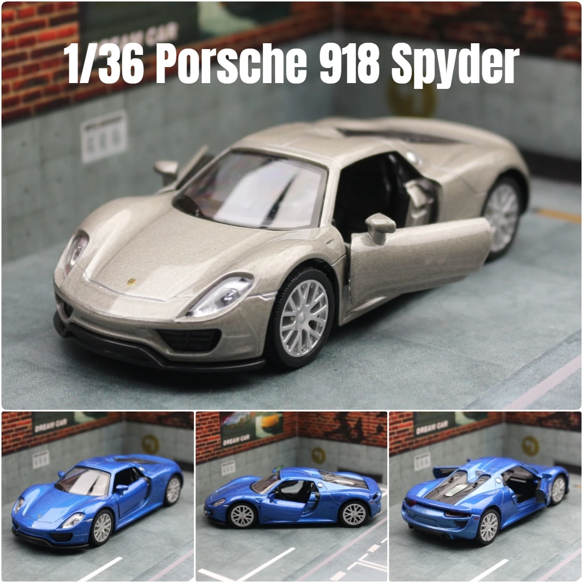 1/36 Porsche 918 Spyder Convertible Toy Car Model For Children RMZ CiTY Welly Diecast Miniature Pull Back Collection Gift Boys