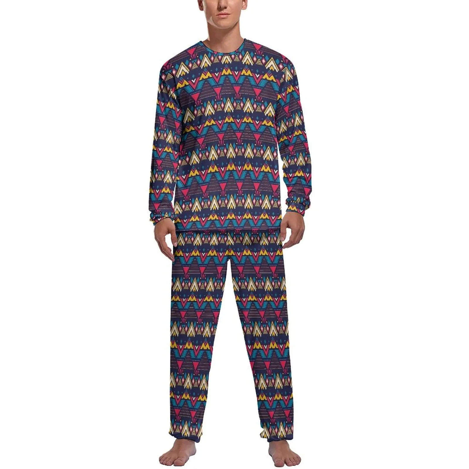 Aztec Art Pajamas Long Sleeve Purple Vintage Print 2 Pieces Sleep Pajama Sets Autumn Men Custom Trendy Nightwear