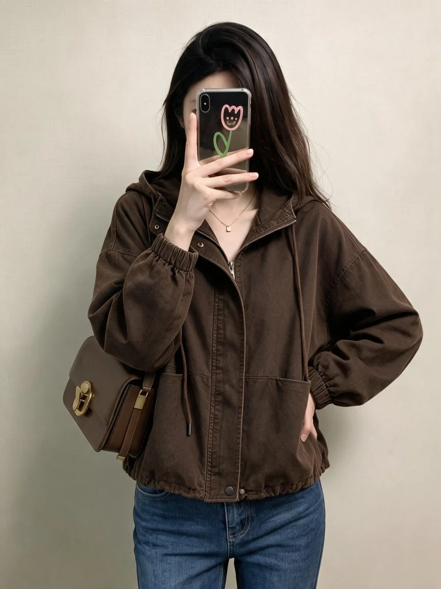 Retro Washed Loose Women's Jacket Design Spring New Arrival Short Coat Cotton Commute Style Zipper Decoration Long Sleeve