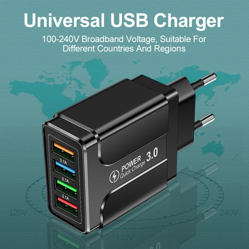 45W 4 USB Quick Charger USB 3.0 Mobile Phone Charger Fast Travel Charger Standard Adapter Phone Charging Head-EU Plug