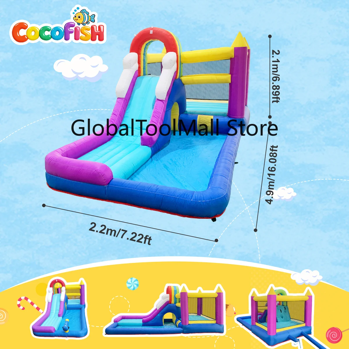 Cocofish Inflatable Water Bounce House with Slide & Splash Pool, Oxford Kids rainbow Bouncy Castle for Backyard Summer Party