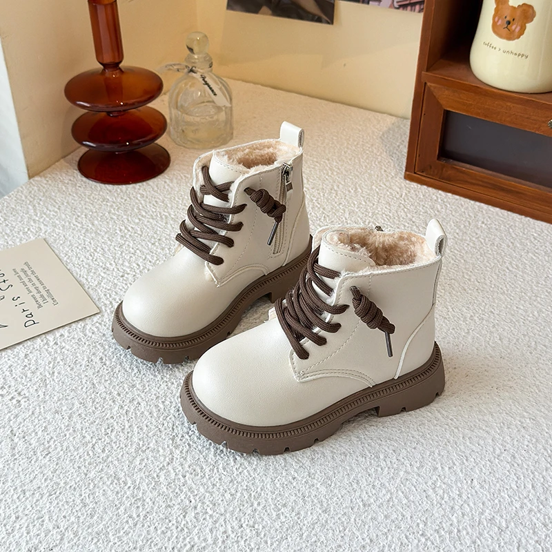 

Winter 2025 Girl Fashion Ankle Boots New Warm Kids Causal Plush Boots Versatile Round-toe Children's Simple Leather Boots Zipper