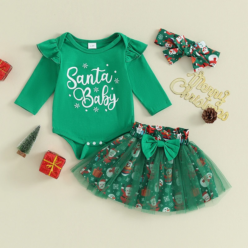 2023-08-16 Lioraitiin 0-24M Newborn Baby Girl Christmas Outfit Dress Santa Print Romper Tutu Tulle Skirt Set Fall Winter Clothes