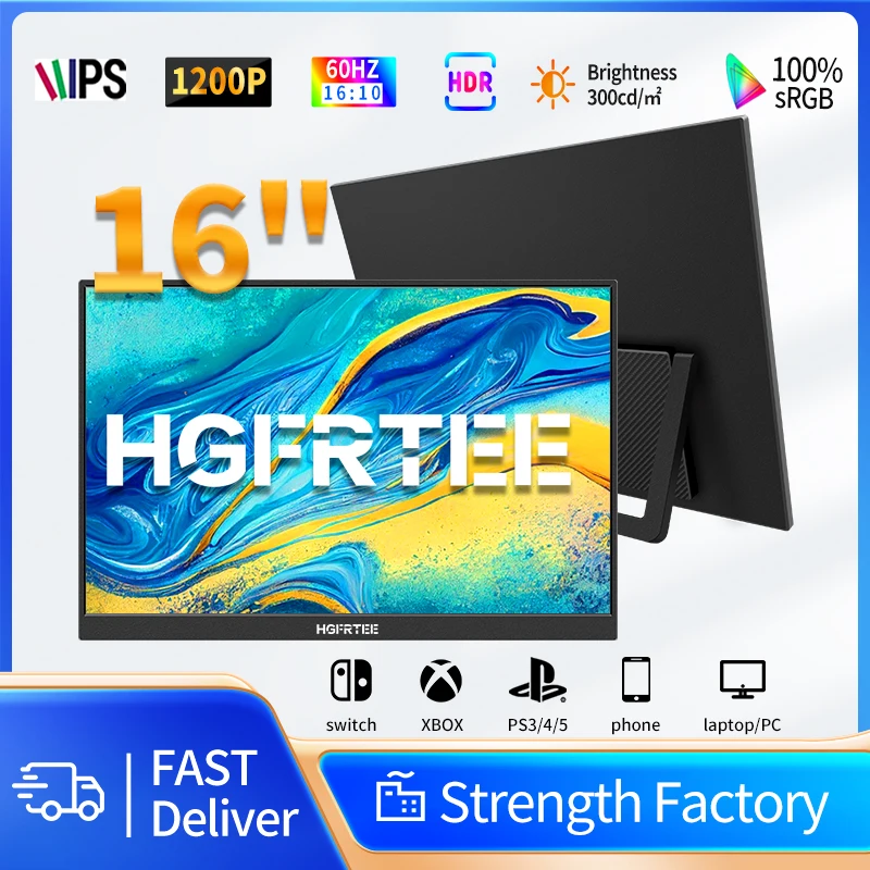 HGFRTEE 16 inch Portable Monitor 16:10 RGB100% 300cd/m2 IPS Second Display for MAC/Laptop/PC/Xbox/PS5/Switch