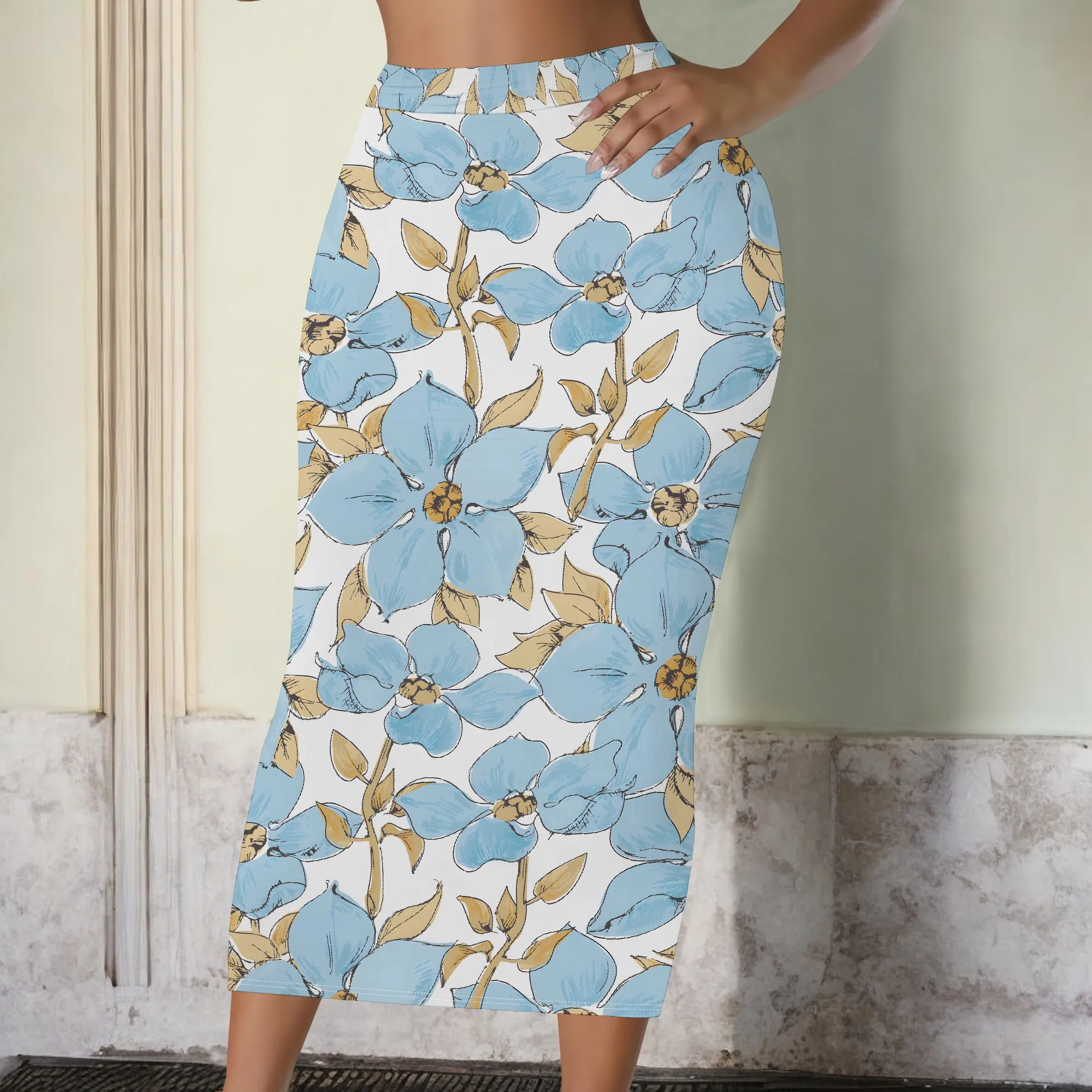 

Blue Floral Print Midi Skirt, Elastic Waist Bodycon Skirt, Summer Casual Pencil Skirt, Women's Fashion Skirt, S-2XL