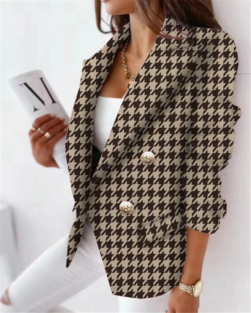 Women\'s Clothing Lattice Suit Western-Style Lapel Button Lid Pocket Fashion