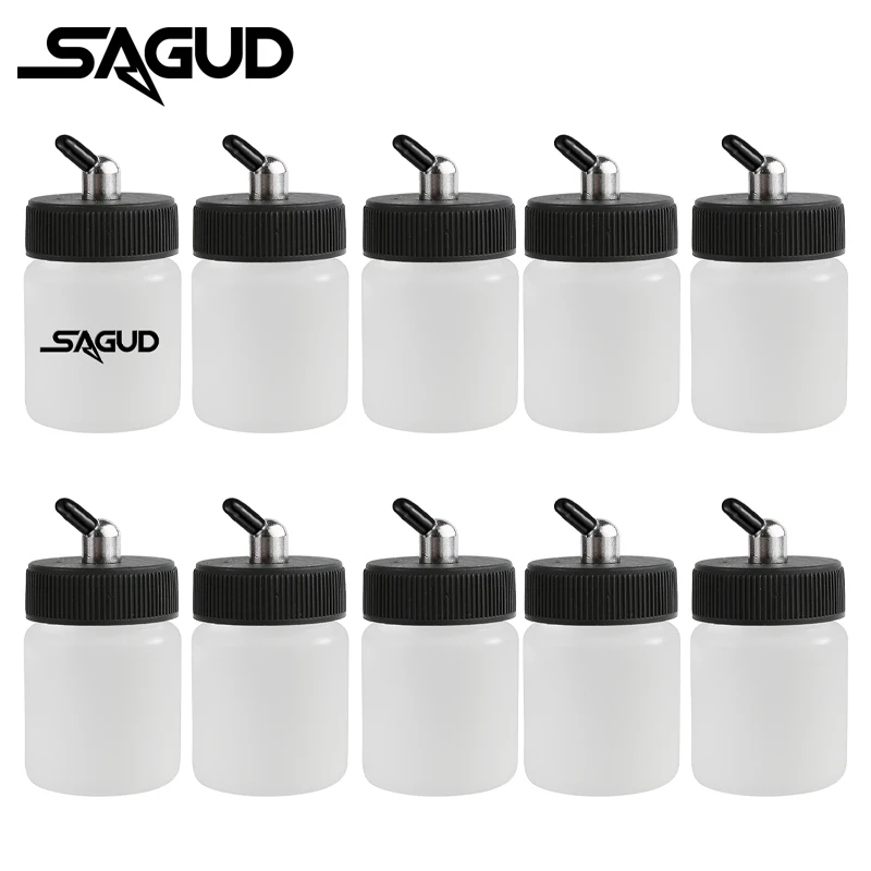 SAGUD 10PCS Plastic Jar Airbrush Bottles Set 30°/60° Down Angle Adaptor with Jar Cap Covers Fits Single/Double Action Airbrushes