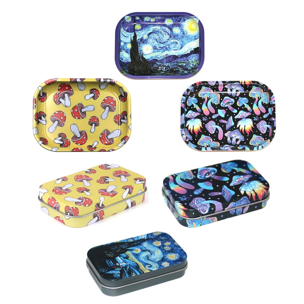 2PCS/Set Cigarette Case Rolling Tray Tinplate Box With 18x14cm Tobacco Rolling Tray Pattern Metal Smoking Accessories