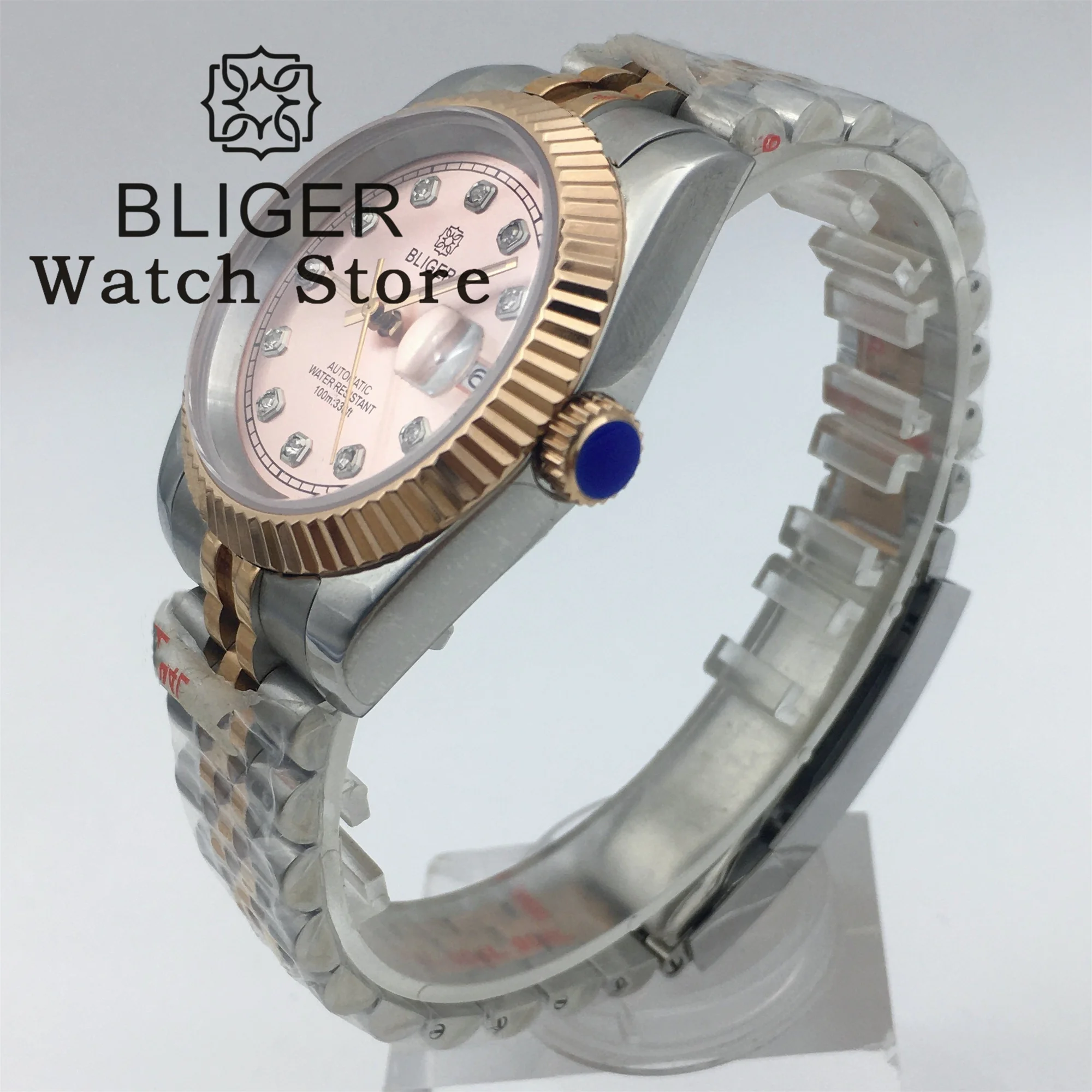 Автоматические механические водонепроницаемые часы BLIGER NH35 36 мм 39 мм для мужчин, серебристые, розовые, золотистые, двухцветные часы с сапфировым стеклом и автоматической датой