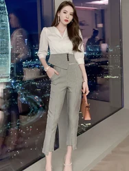 2023 Fashion Profession Business 2 pezzi set donna pied de poule camicetta da donna con pannelli pantaloni a vita alta Femme Work Office Suits