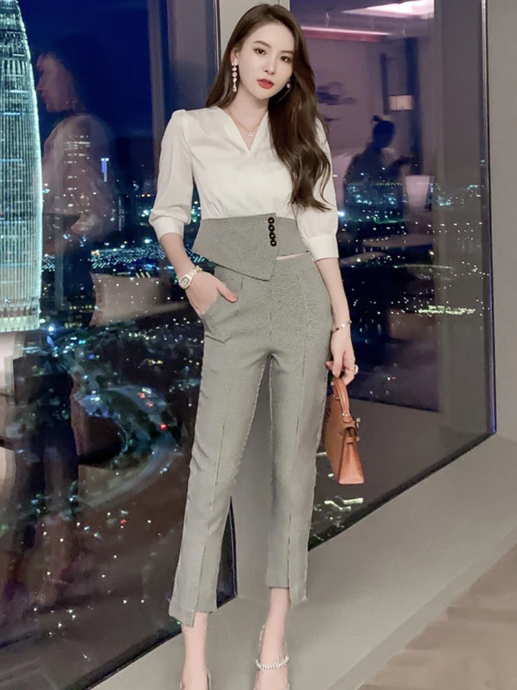 2023 Fashion Profession Business 2 Pieces Sets Women Houndstooth Panelled Ladies Blouse High Waist Pants Femme Work Office Suits