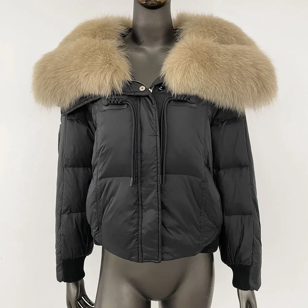 Jacket Warm Duck Down Coat Short Streetwear Outerwear Women Natural Thick Loose Fur Big Real Fox Fur Collar Fashion Winter