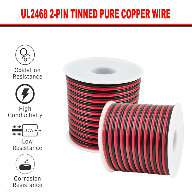 2-pin tinned copper wire 16awg-30awg 2468 80°C 300V Red and black flexible extension cord with spool for LED strip lighting