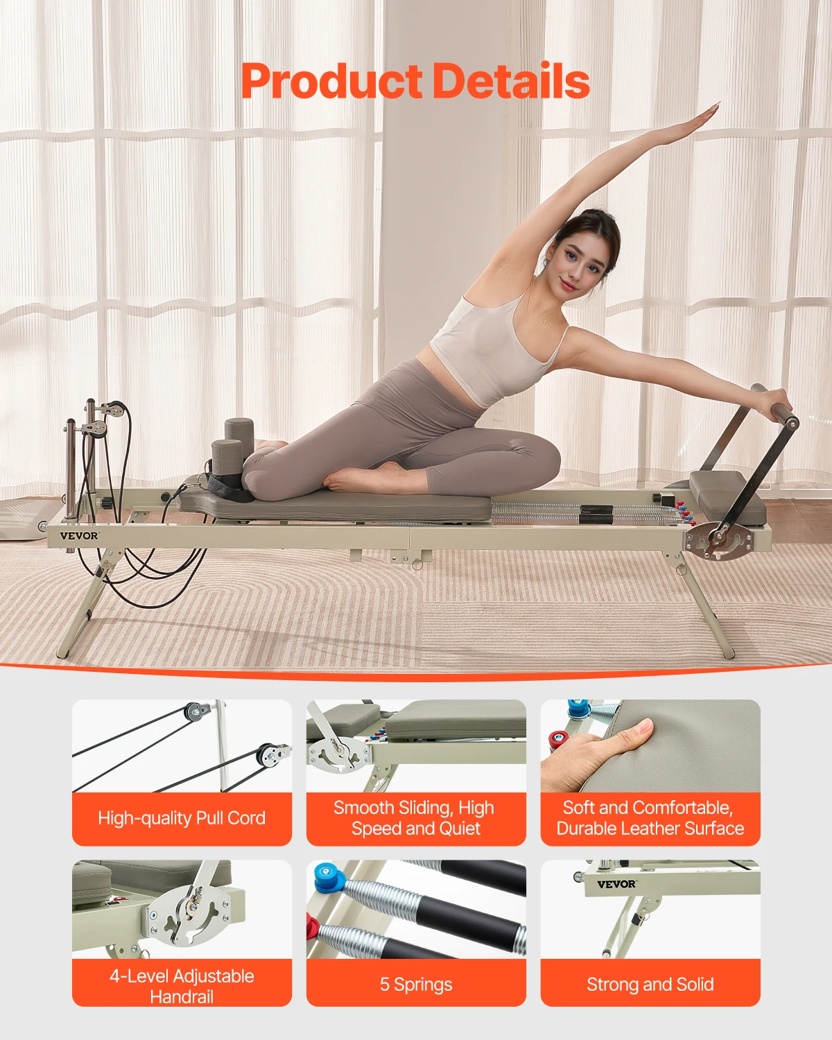 VEVOR Foldable Pilates Reformer Pilates Workout Machine for Home Gym Studio Use, Pilates Bed with Dual Resistance- Spring & Cord view 5