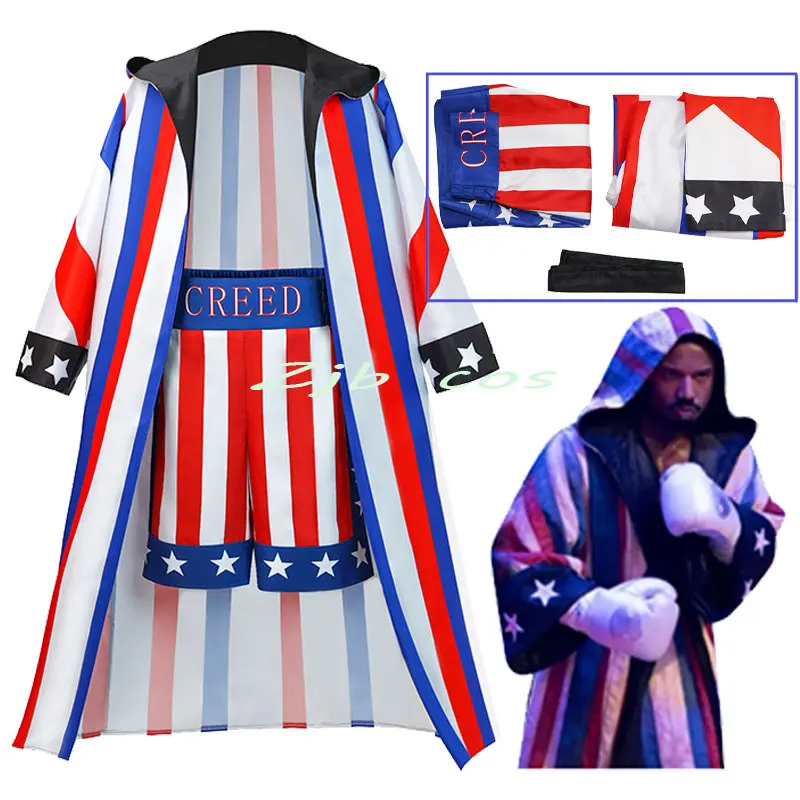 Adonis Creed Cosplay Pantaloncini da boxe Veste da uomo Mantello con cappuccio Pantaloncini Cintura Gioco di ruolo Fantasia Halloween Carnevale