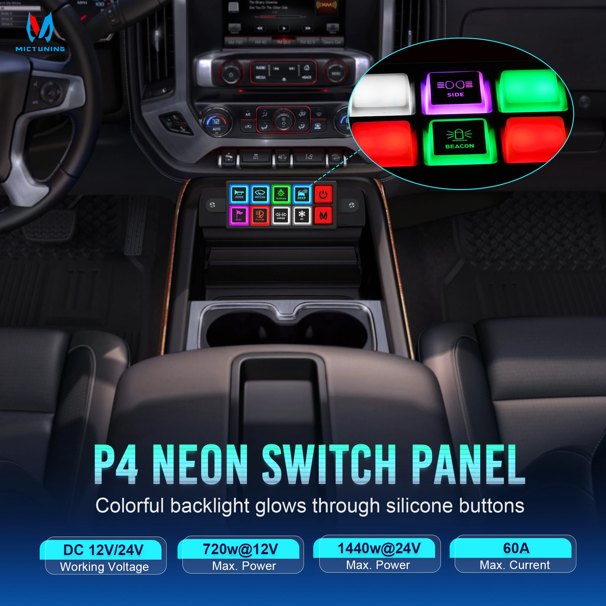 MICTUNING New Edition P4 Switch Panel 8-Way Universal Circuit Control Relay System Box, LED-Backlit Silicone Buttons for Cars