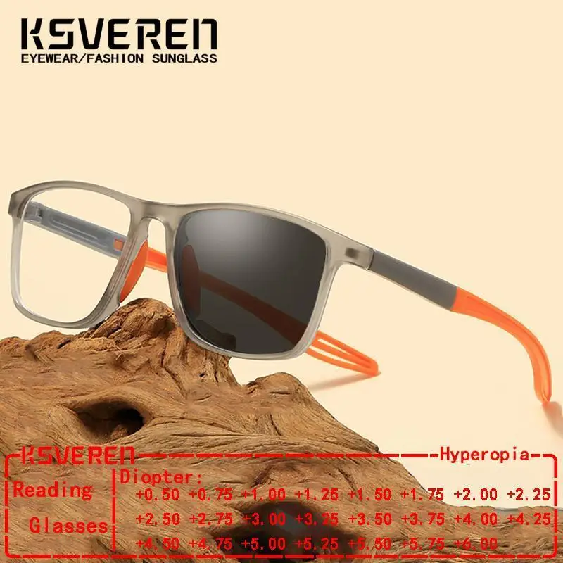 

KSVEREN Square Frame Photochromic Reading Glasses Classic Presbyopic Glasses Men Women Outdoor Sunglasses +2.25 +3.75 To +6.0