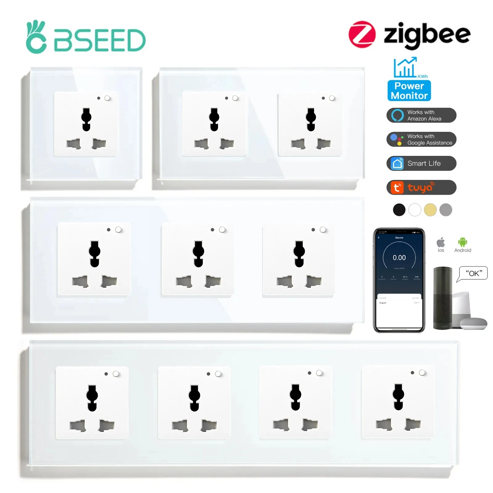 

BSEED Zigbee Universal Smart Sockets Power Monitor Multifunction Power Socket Tuya Smart Life Alexa App Control Glass Frame