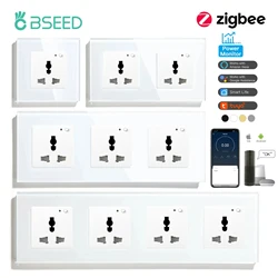 BSEED Zigbee Universal Smart Sockets Power Monitor Multifunction Power Socket Tuya Smart Life Alexa App Control Glass Frame