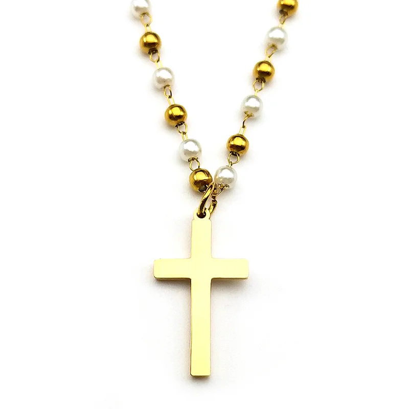 كريستال الراين الصليب قلادة قلادة للنساء حبات اللؤلؤ سلسلة الفولاذ المقاوم للصدأ القلائد الجمالية المجوهرات المسيحية #2