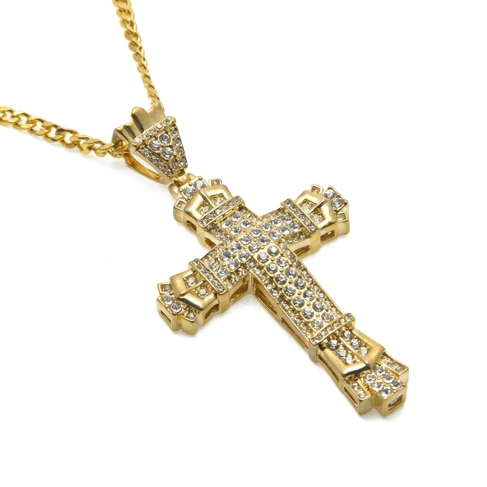 Hip Hop Ice Out Cross Pendant Necklace Men Street Hip Hop Rap Fashion Jewelry Religious Christian Amulet Necklace