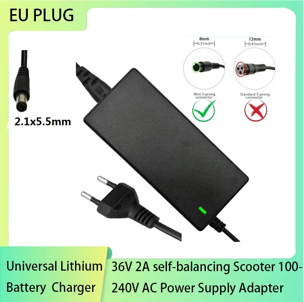 42V 2A Lithium Battery Charger AC 100–240V DC 5.5×2.1mm 8mm 3-pin Aviation Connector For 36V 10S Lithium-Ion Battery Packs