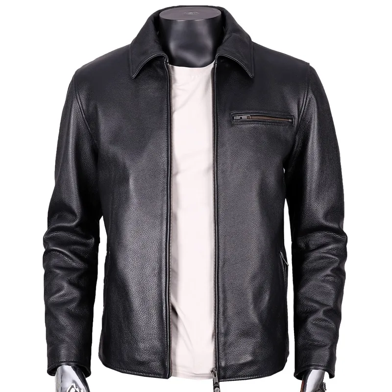 

2024 New Black First Layer Cowhide Male Wear Leather Jacket Men's Lapel Casual Jackets Youth Middle-aged Business Short Top