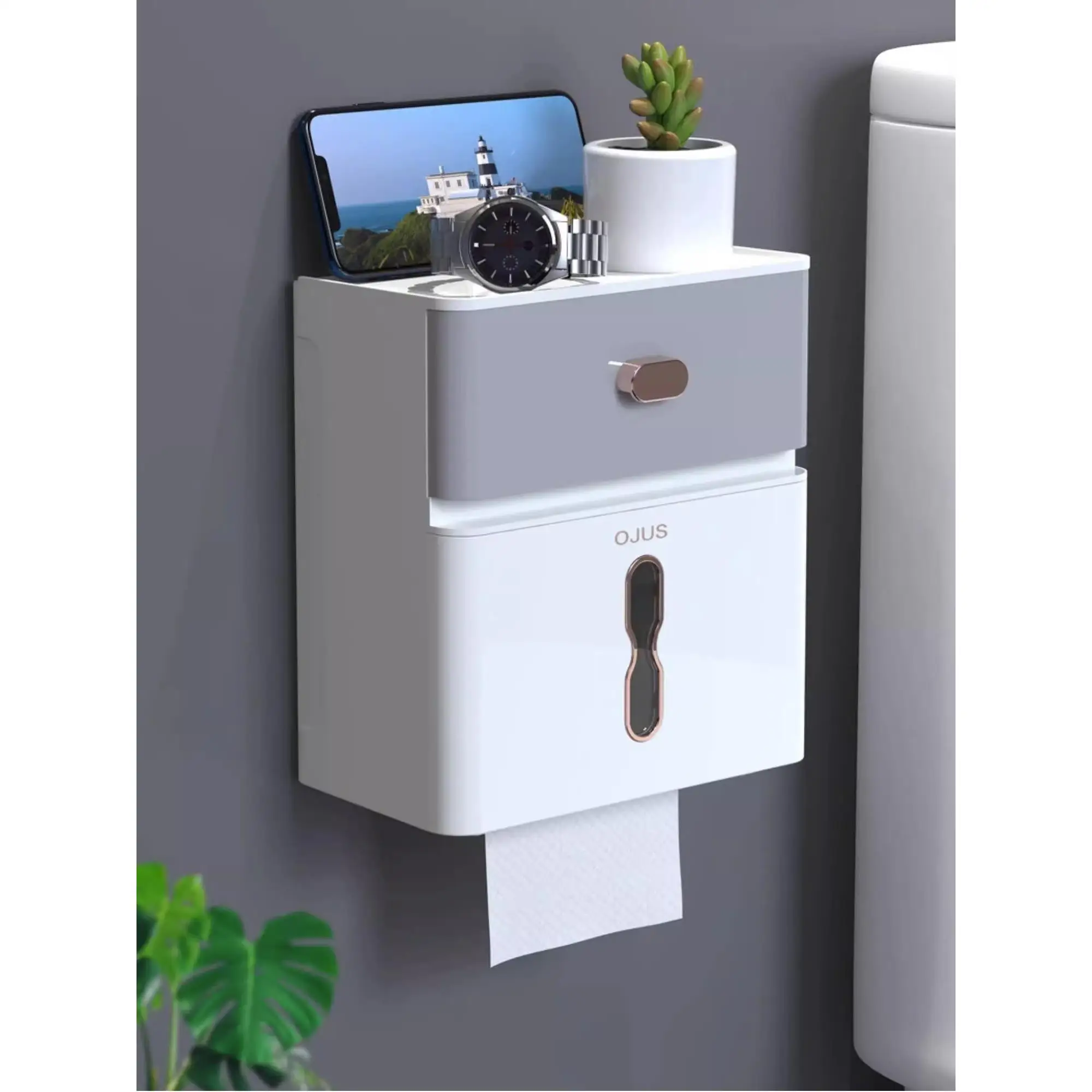 壁掛け式防水トイレットペーパーボックス、バスルーム収納ラック、穴あけ不要、衛生紙ホルダーオーガナイザー