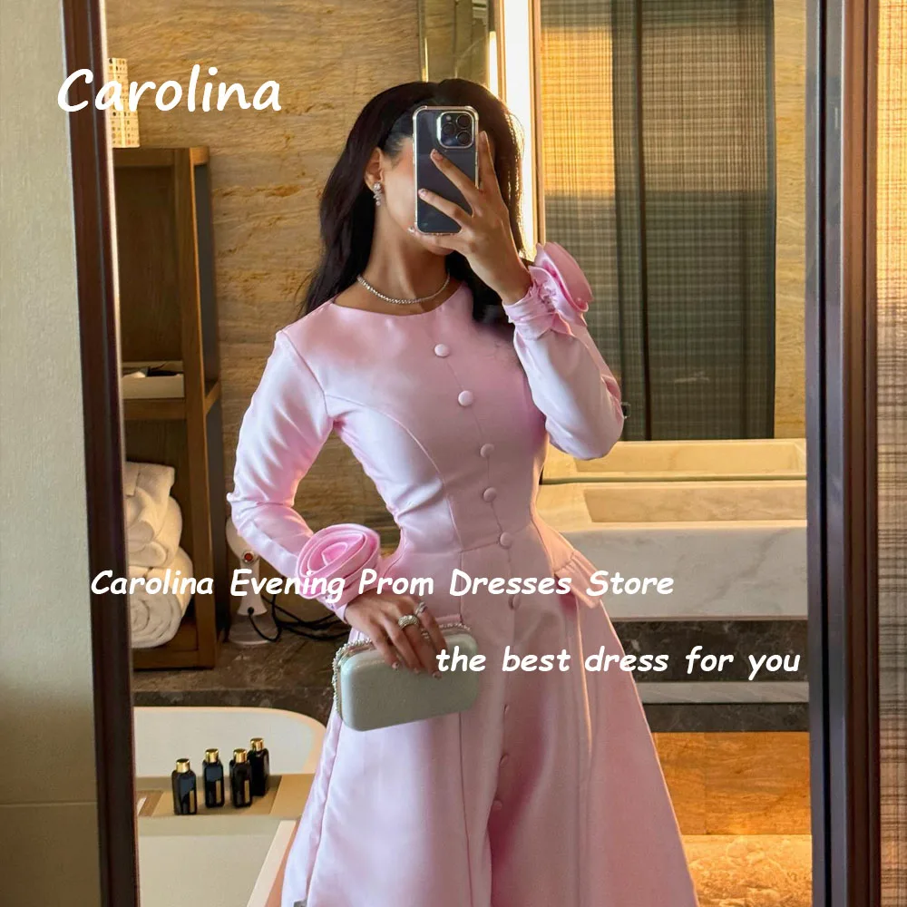 Carolina Simple Pink O-Neck A-LINE Prom dress 2024 Slim Long Sleeve With 3D Flowers Satin Ankle-Length Formal Evening Dress