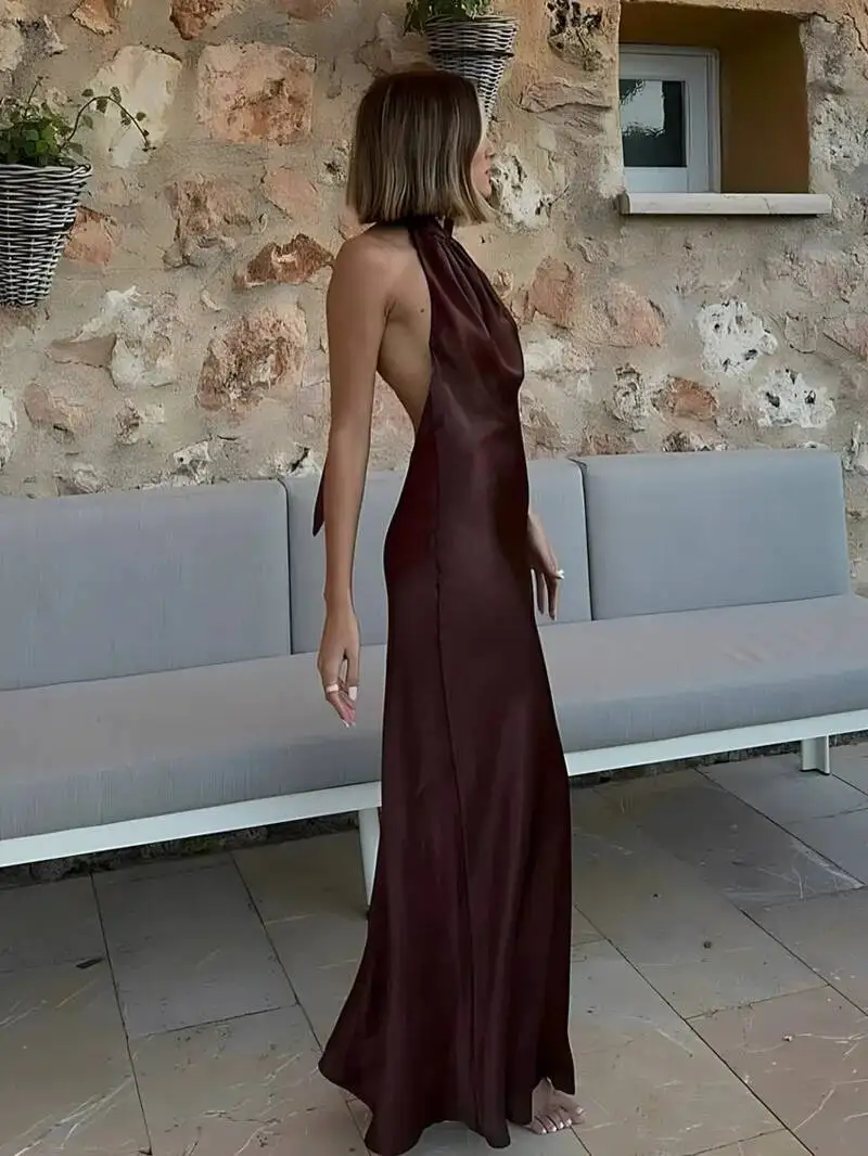 الرسن الساتان فستان طويل المرأة تعادل عارية الذراعين البني ميدي فستان الصيف قبالة الكتف فساتين الحفلات مطوي مساء فستان MKX8