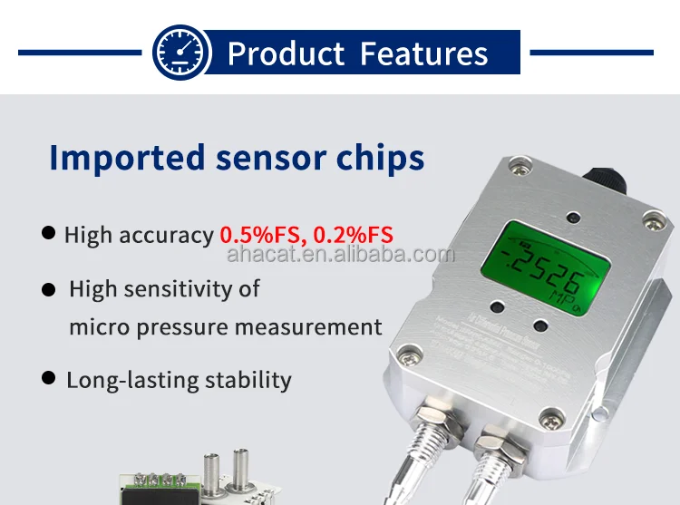 

Микро ЖК-дисплей Air Rs485 Датчик перепада давления Сухой газ Ветер 0-10 В 4-20 мА Пневматический датчик давления