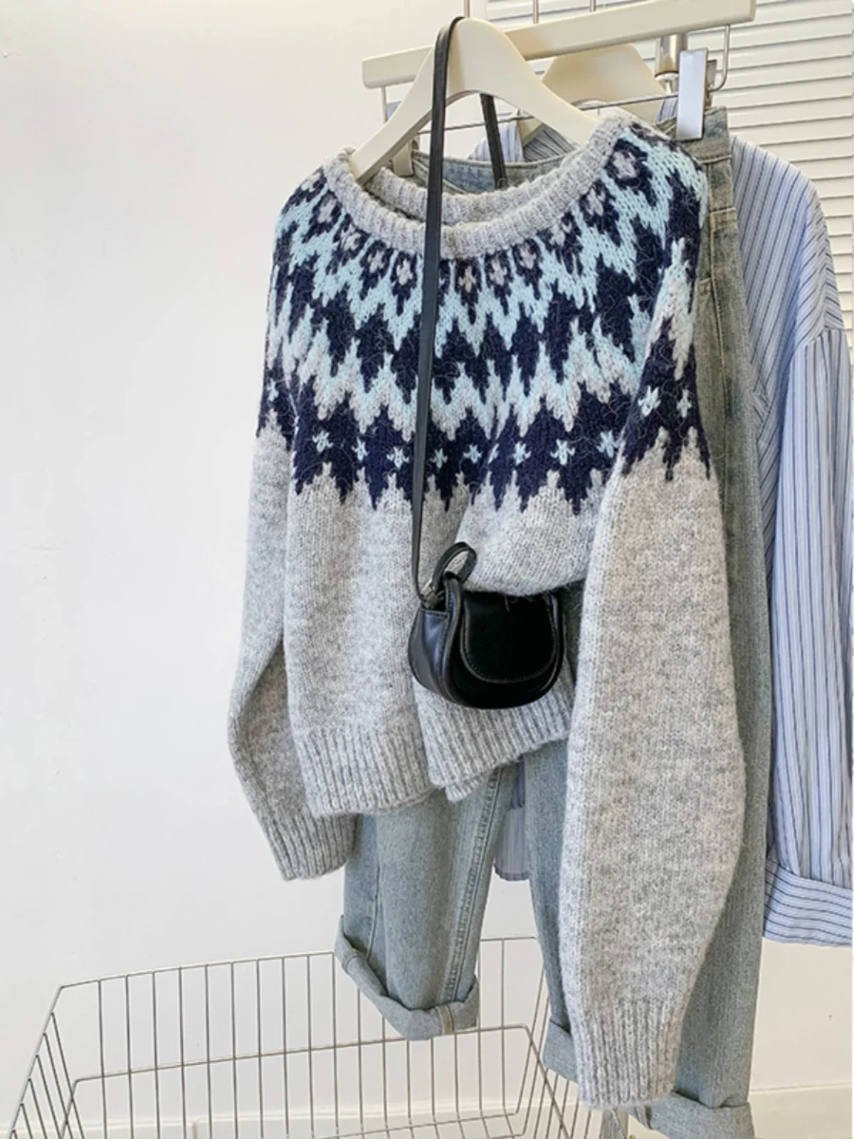 

Корейский вязаный свитер Sle Lazy Fair Isle Round Ne, женский свободный мягкий осенне-зимний топ, длинный свек из полиэфирного волокна