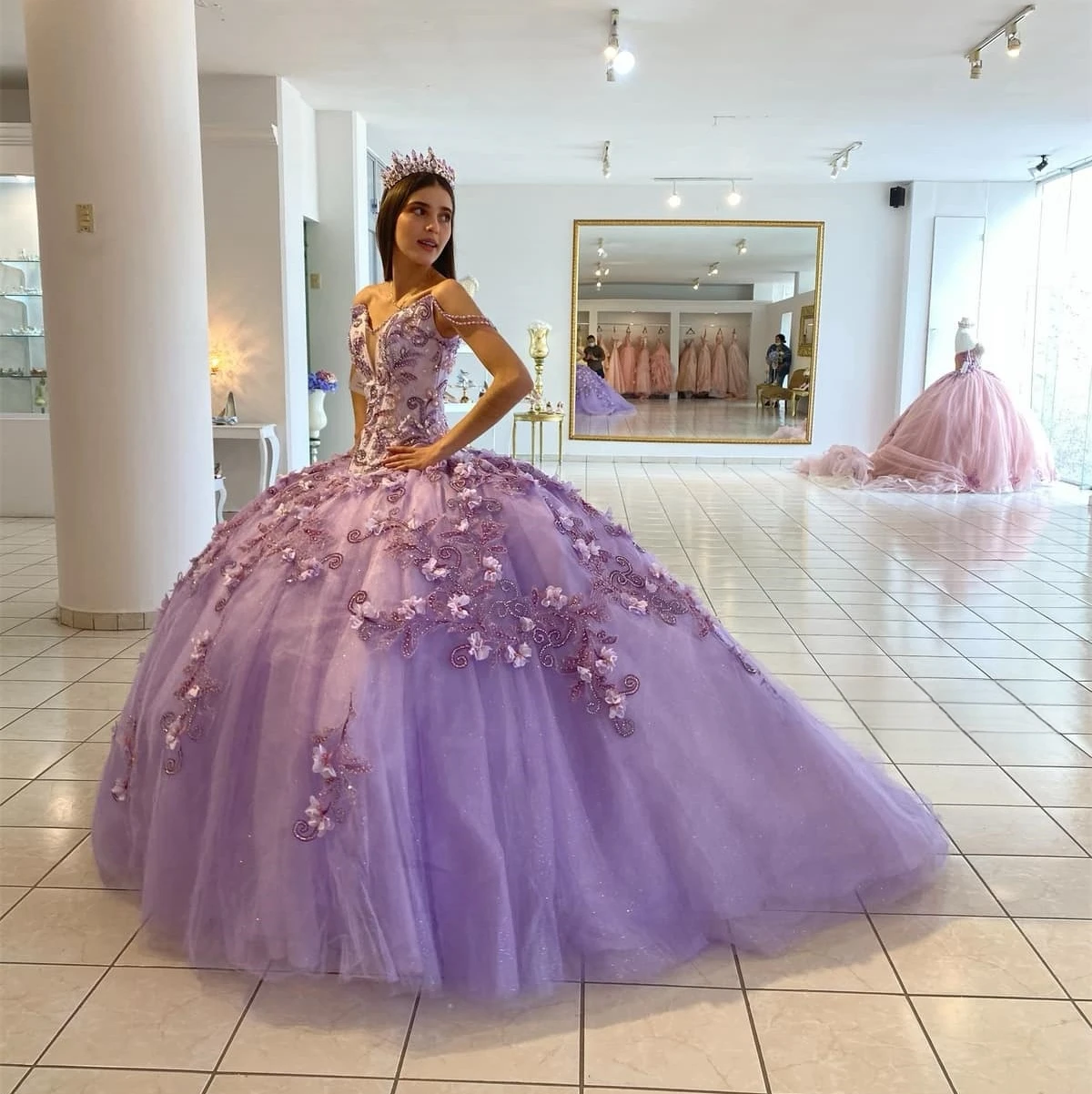 Lila Prinzessin Quince anera Kleider Ballkleid von der Schulter Tüll Applikationen süß 16 Kleider 15años mexikanisch