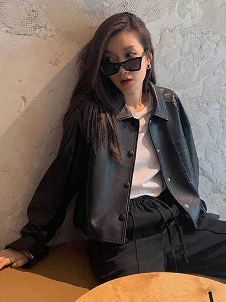 Zoki Fashion Pu Streetwear Moto Jackets Women Korean Long Sleeve Faux Fur Black Biker Coat Harajuku Loose Design Bf Jacket New