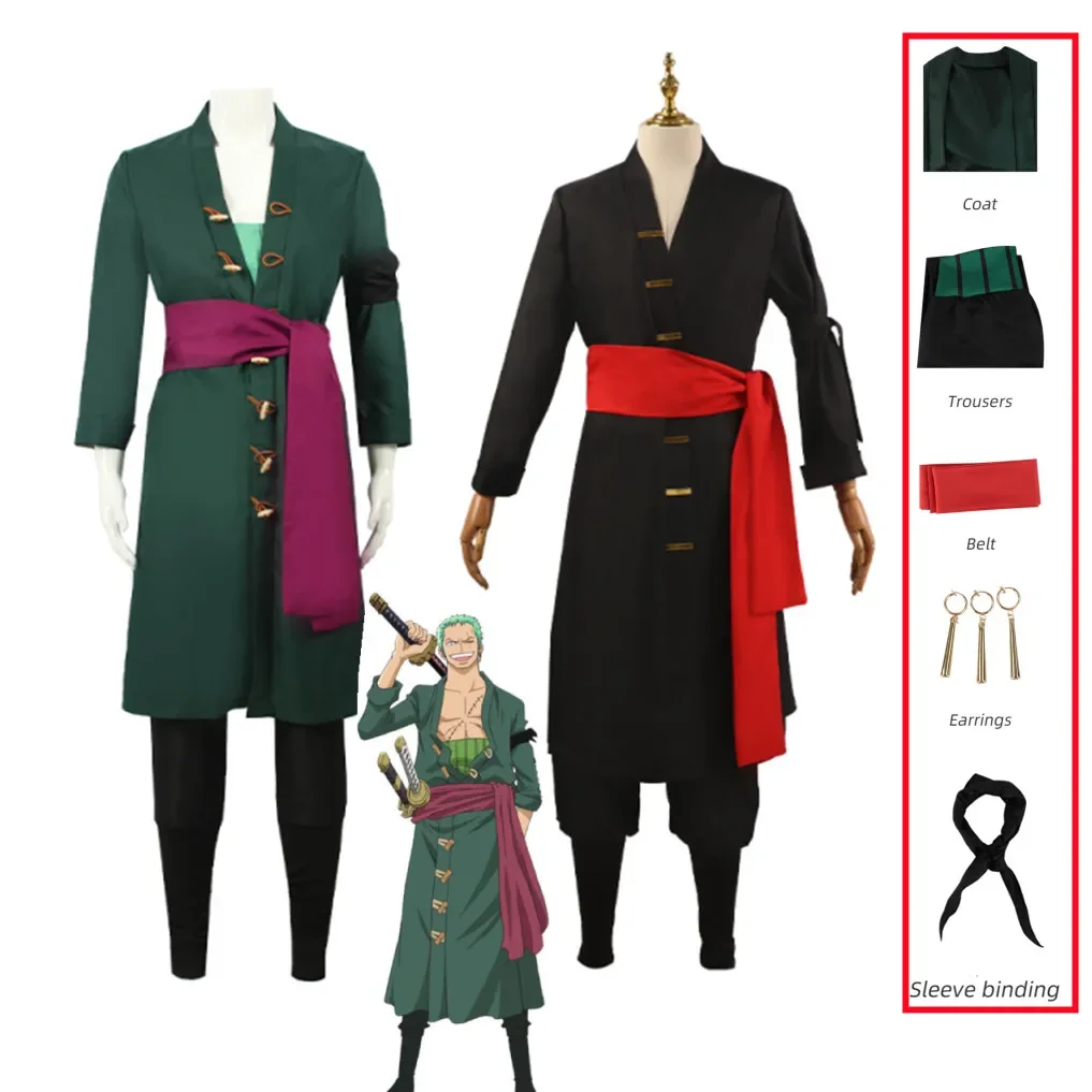 Roronoas Cosplay Kostüm Anime Kimono Robe Zoro Umhang Uniform Halloween Outfits mit Ohrringen für Comic Con