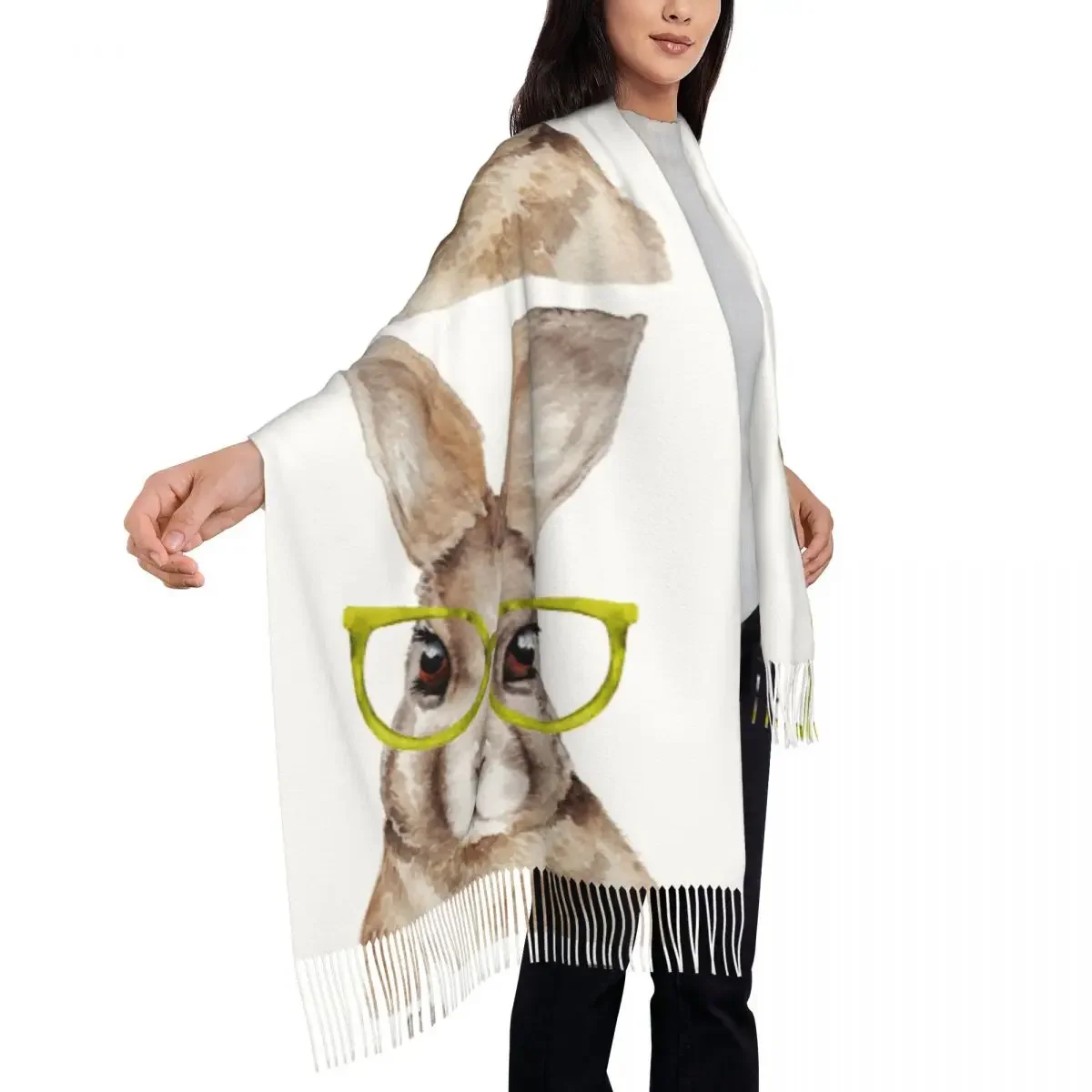 Watercolor Portrait Of Rabbit Funny Hare With Glasses Women's Pashmina Shawl Wraps Fringe Scarf Long Large 