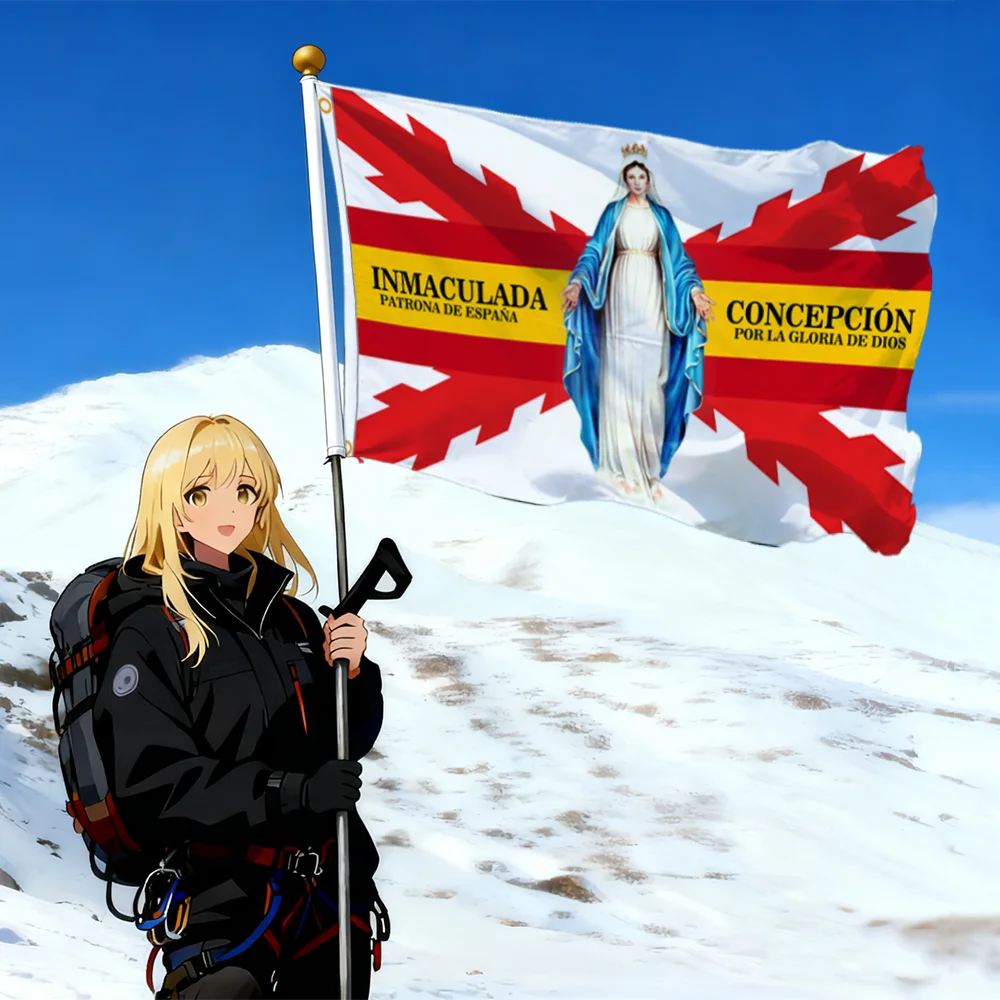 FLAGap 90x150cm Cruz Española Bordada Concepto Immaculada Patrón de la Virgen María para la Gloria de Dios con 2 hebillas