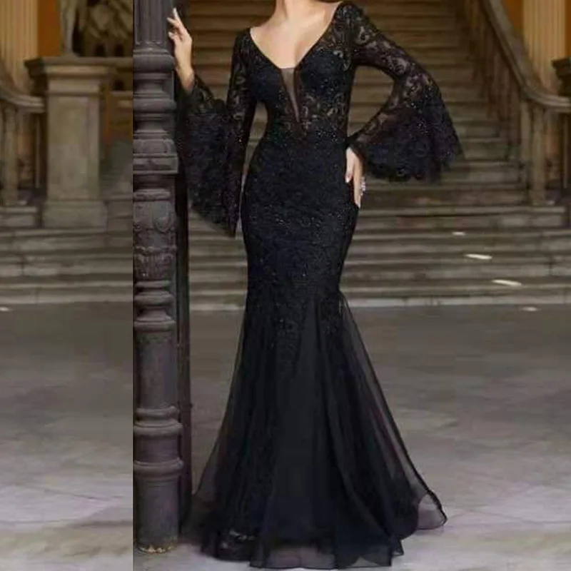 Robe de soirée en dentelle noire pour femmes, jupe longue, queue de poisson mince, tempérament sexy, élégante, dames, nouveau, 2024