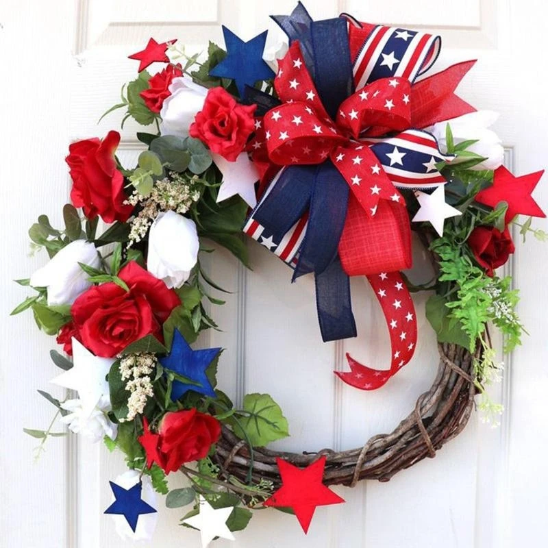 Independence Day Wreath Artificial Blue White Red Star Bowknot Hanging Garland for 4th of July Memorial Day Door Decoration 15UB