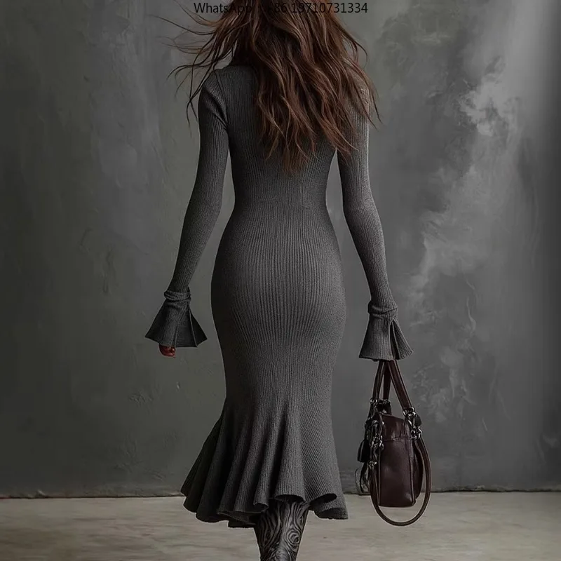 Women European American Knitted Fishtail Dress Lapel Zipper Flared Sleeve Slim Fit Solid Autumn Winter Dress