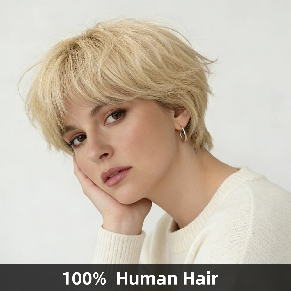 

6-дюймовый парик из 100% натуральных человеческих волос, стрижка пикси, короткий прямой парик с блонд-оттенками и челкой, полностью машинной работы, высокое качество волос.